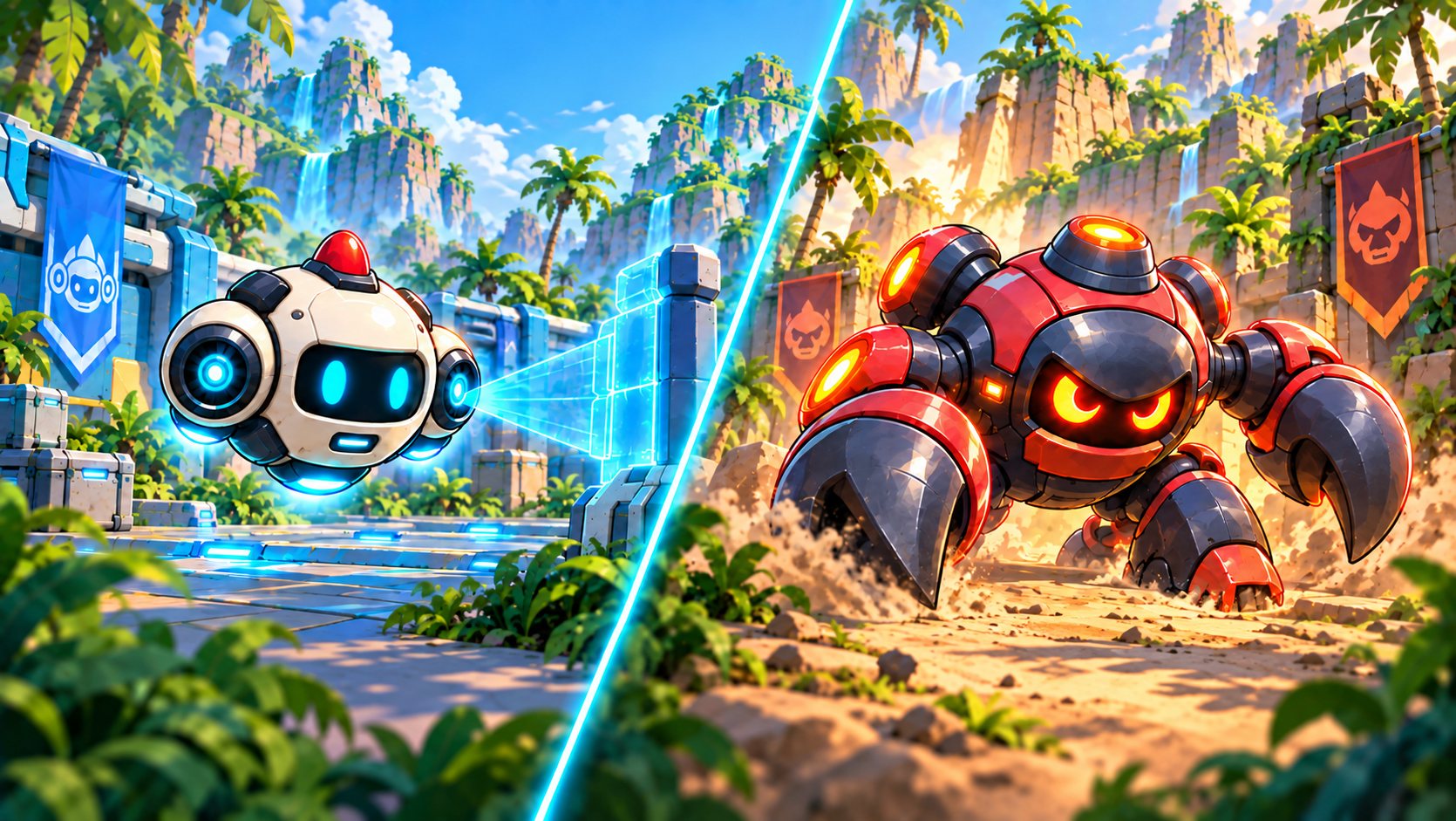 A Drone and the Hunter face off across the jungle