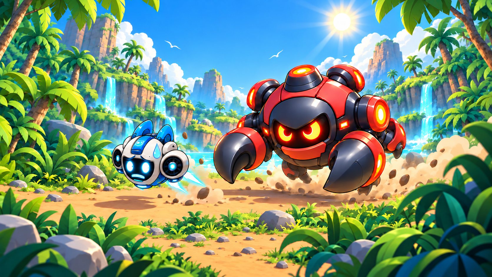 A small Drone flees the big red Hunter through a sunny jungle