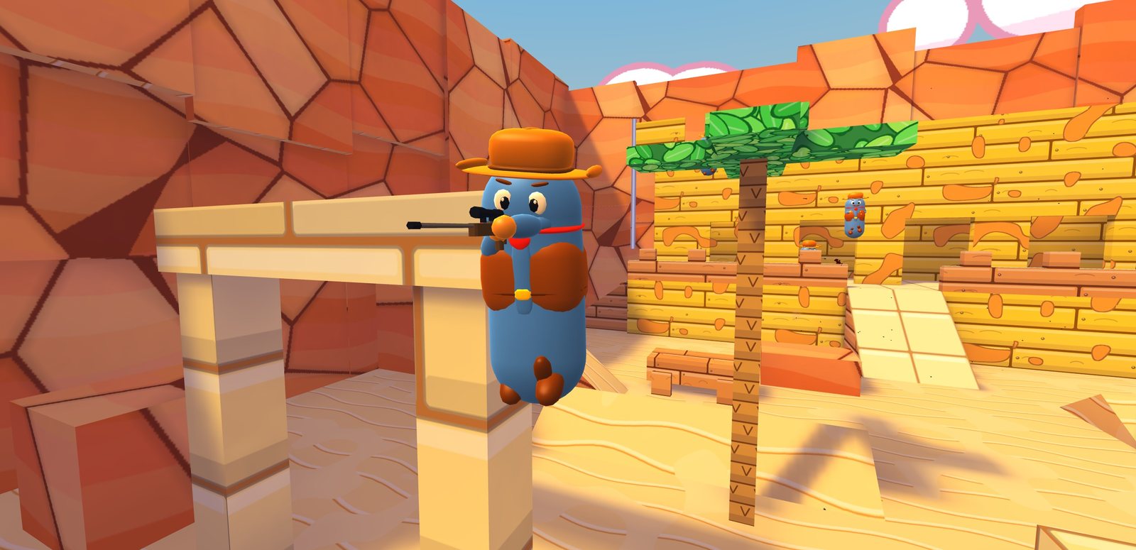 In game on Chili Canyon: a bean in a cowboy hat aims a sniper rifle over a wall