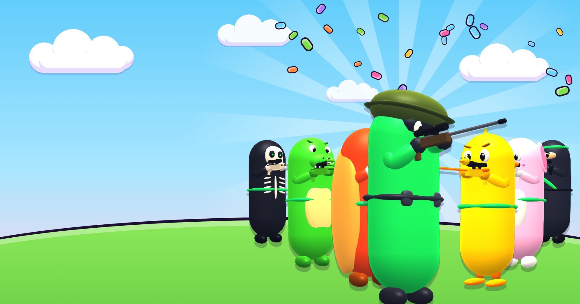 A squad of jelly beans with sniper rifles: a green bean in a helmet, a hot dog, a rubber duck, a dino, a bunny, a skeleton and a ninja