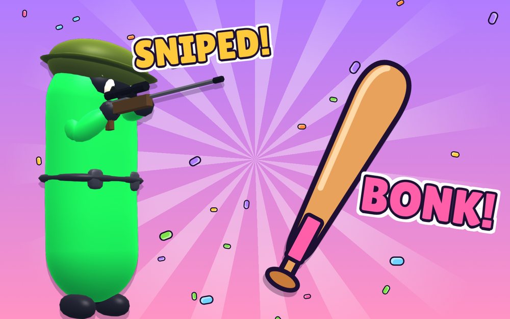 A bean aims a sniper rifle next to a giant baseball bat