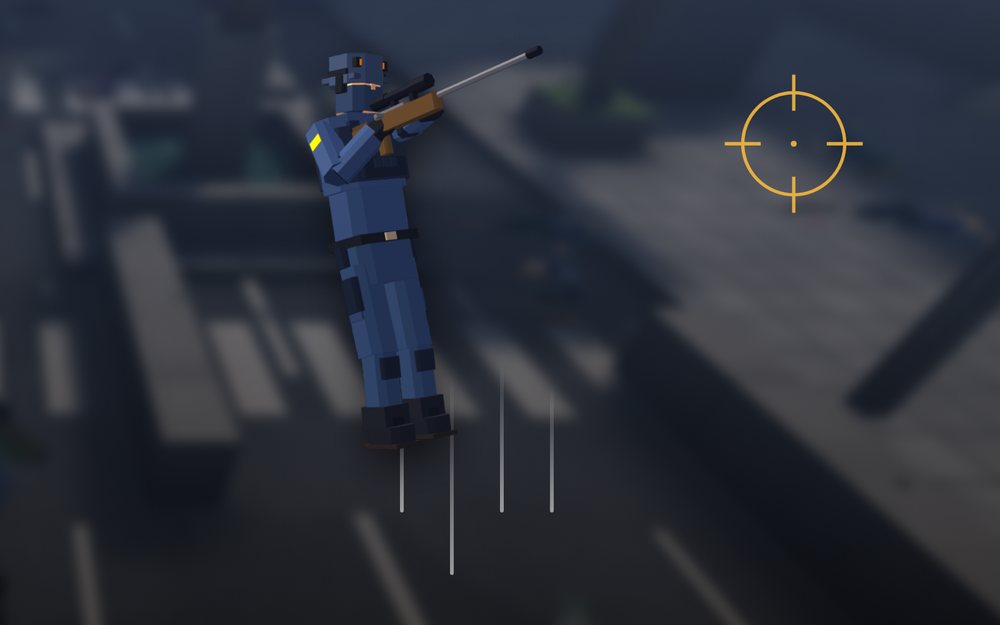 A sniper mid-jump above a city street