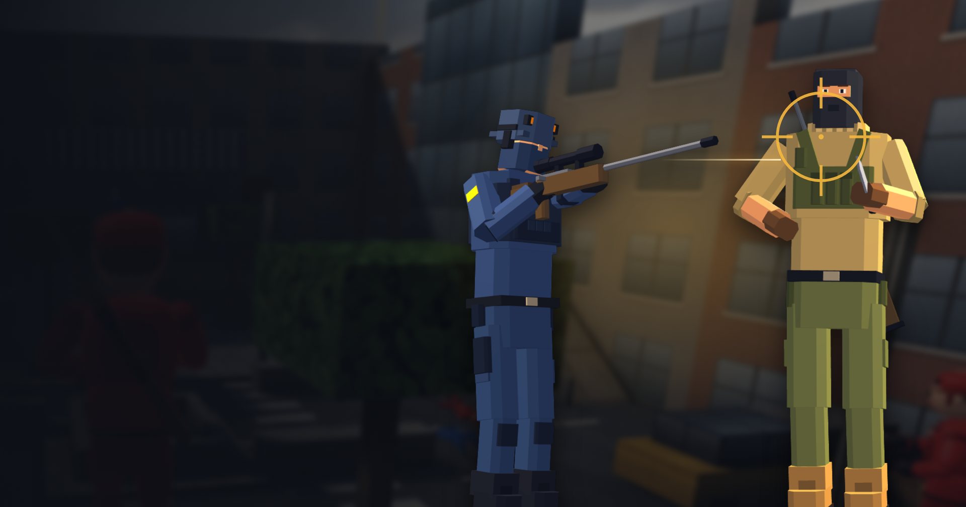 A SWAT sniper lines up a shot on a masked insurgent with a knife